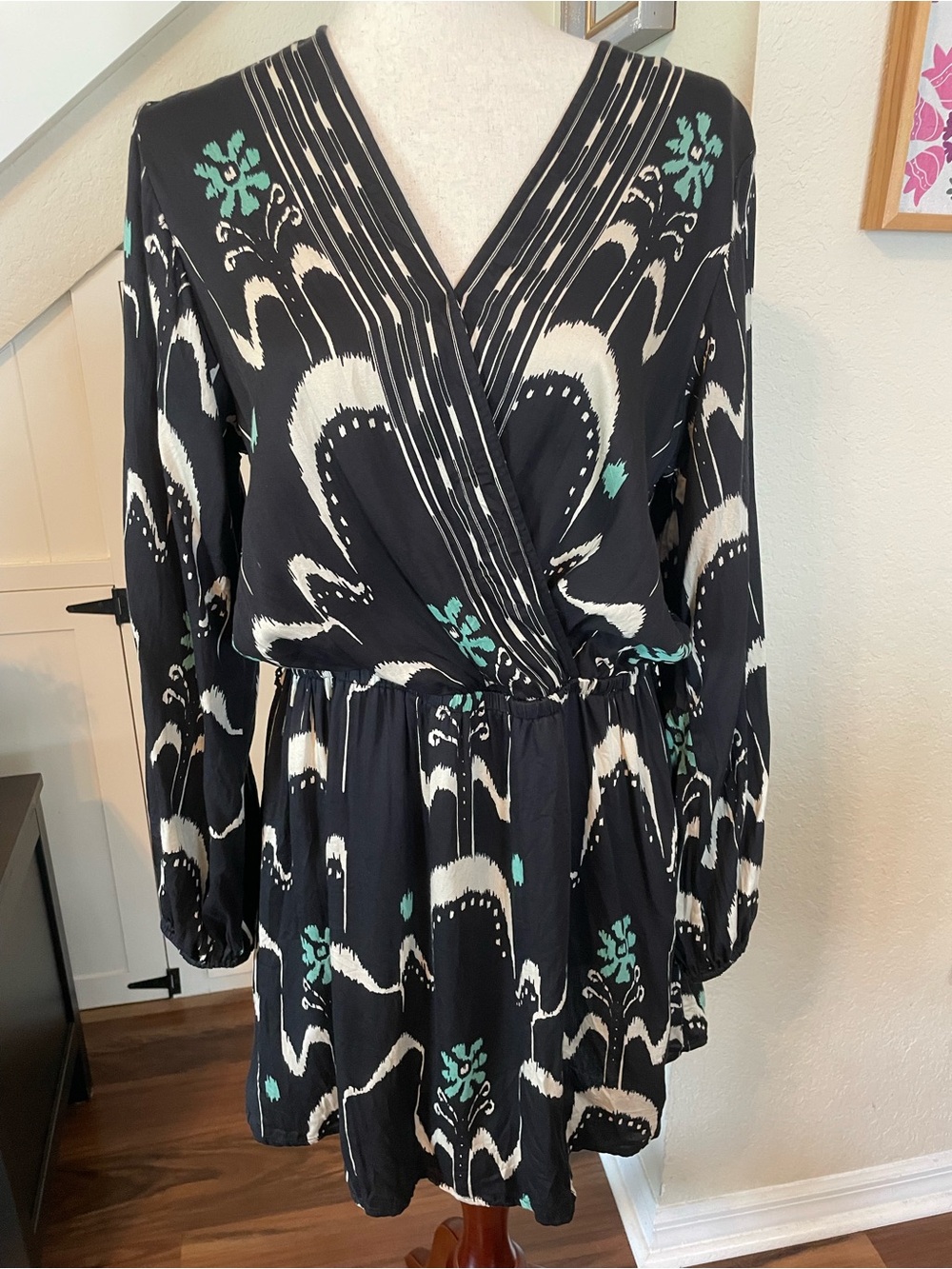 Omika Samira Mini Dress Smokestack Black White Teal Long Sleeve Size L Boho